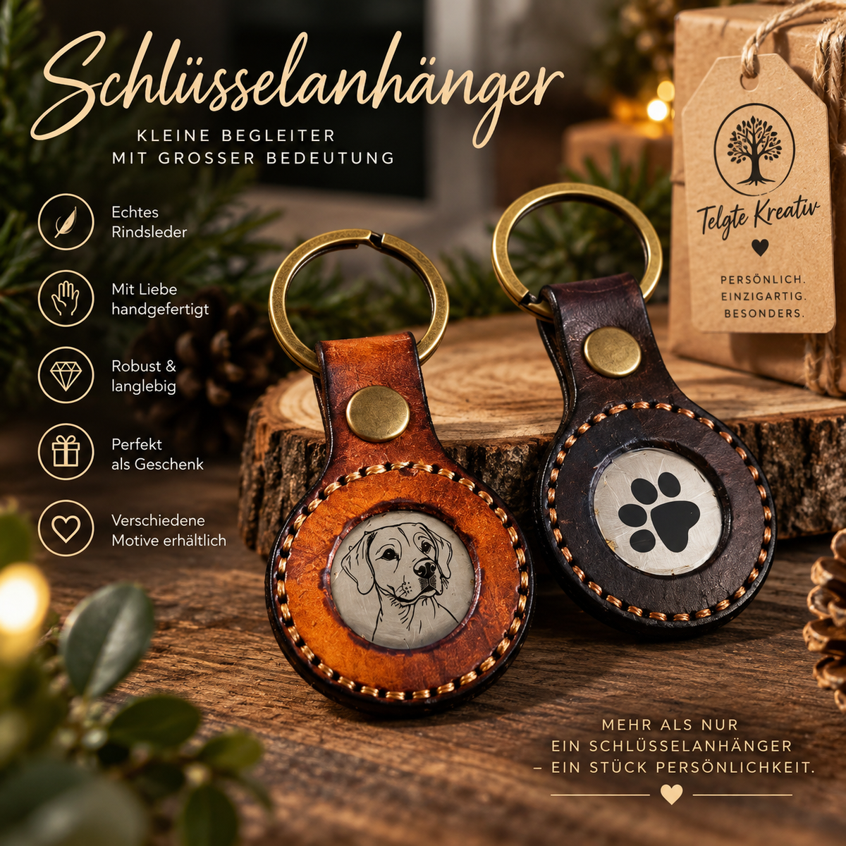 Personalisierter Leder-Schlüsselanhänger mit Edelstahleinlage – beidseitig gravierbar