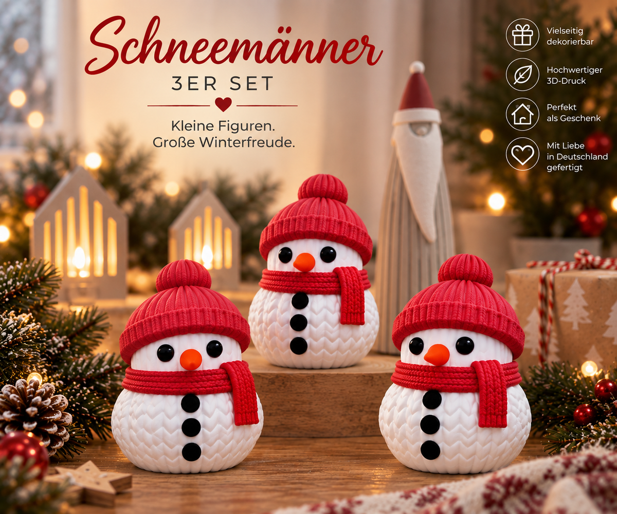 Schneemänner 3er-Set – Winterliche Weihnachtsdeko aus dem 3D-Druck