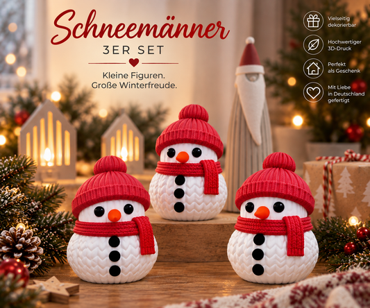 Schneemänner 3er-Set – Winterliche Weihnachtsdeko aus dem 3D-Druck